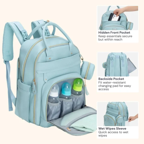 BabbleRoo Diaper Bag – Leather, Waterproof, with Accessories (Blue) - Image 3